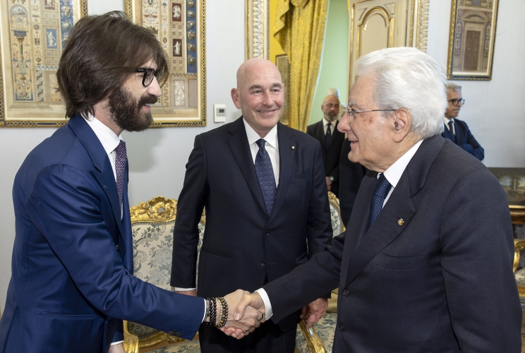 Il Presidente Sergio Mattarella con Leonardo Maria Del Vecchio, Presidente LMDV Capital ed editore nazionale, in occasione del 70° anniversario de "Il Giorno"