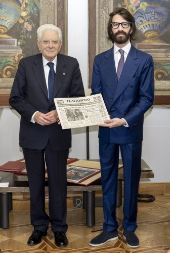 Il Presidente Sergio Mattarella con Leonardo Maria Del Vecchio, Presidente LMDV Capital ed editore nazionale, in occasione del 70° anniversario de "Il Giorno"