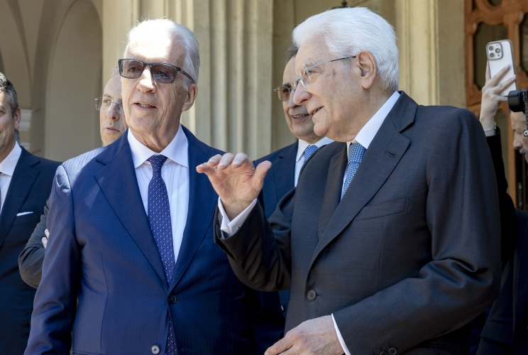 Il Presidente Sergio Mattarella con Piero Ferrari, Vice Presidente Ferrari, in occasione della presentazione della Ferrari "Luce"