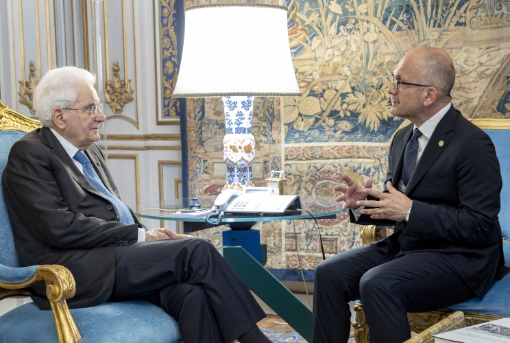 Il Presidente Sergio Mattarella con Guido Castelli, Commissario Straordinario del Governo per la ricostruzione delle aree colpite dal terremoto del 2016 