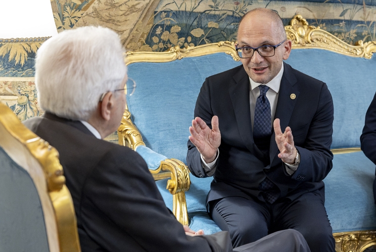 Il Presidente Sergio Mattarella con Guido Castelli, Commissario Straordinario del Governo per la ricostruzione delle aree colpite dal terremoto del 2016 