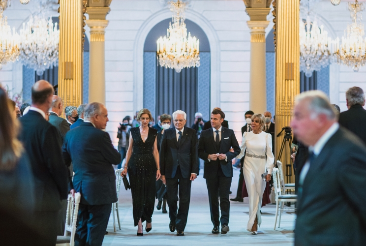Il Presidente Sergio Mattarella e il Presidente della Repubblica Francese Emmanuel Macron, in occasione del Pranzo di Stato