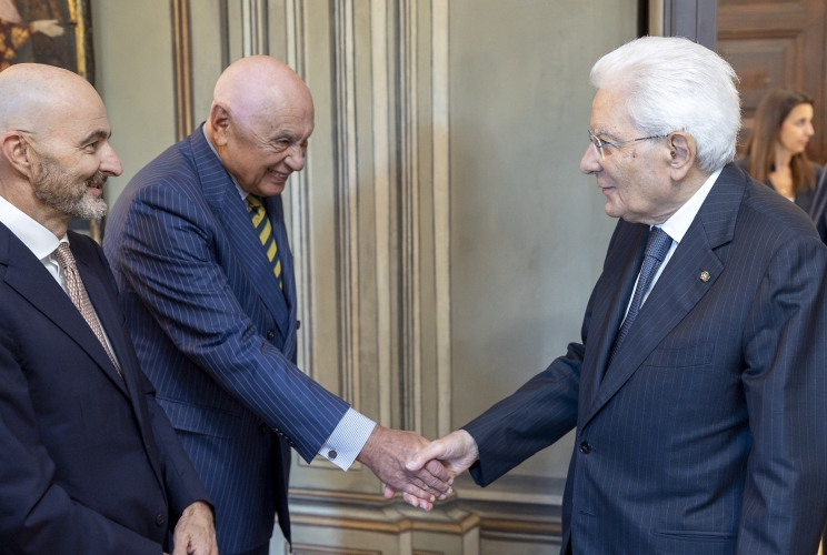 Il Presidente Sergio Mattarella con Carlo Nordio, Ministro della Giustizia e Fabio Pinelli, Vice Presidente del Consiglio Superiore della Magistratura, poco prima della cerimonia commemorativa del Consigliere istruttore del Tribunale di Palermo, Rocco Chinnici