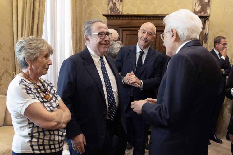 Il Presidente della Repubblica Sergio Mattarella con Gabriella Ciampi e Claudio Ciampi, figli del Presidente emerito della Repubblica Carlo Azeglio Ciampi in occasione della cerimonia di commemorazione 
