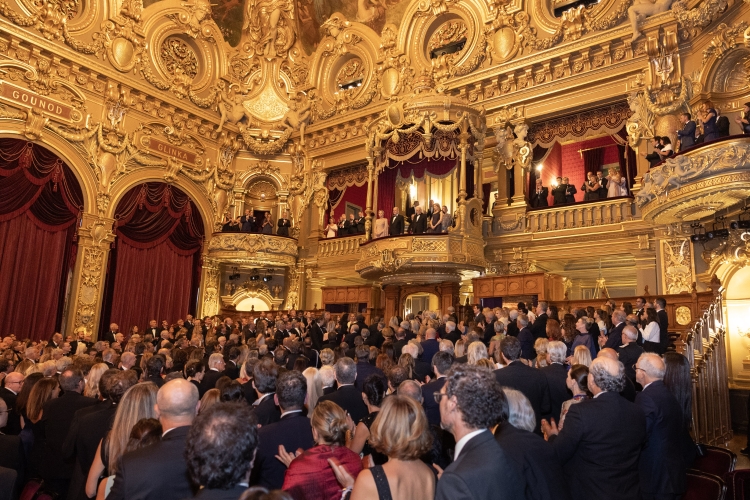 Il Presidente della Repubblica Sergio Mattarella e la Sig.ra Laura presso l'Opera Garnier, con S.A.S. il Principe, Alberto II di Monaco, e S.A.S. la Principessa, Charlène di Monaco