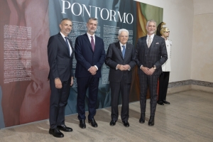 Il Presidente Sergio Mattarella alle Scuderie del Quirinale con Alessandro Giuli, Ministro della cultura, Matteo Lafranconi, Direttore delle Scuderie del Quirinale, Fabio Tagliaferri, Presidente e AD di ALES SpA in occasione dell’inaugurazione della mostra dal titolo: “Pontormo. La Maniera Italiana”  
