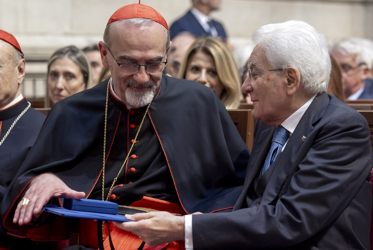 Il Presidente Sergio Mattarella con S.B. Card. Pierbattista Pizzaballa, Patriarca Latino di Gerusalemme, in occasione del conferimento del Premio De Sanctis per i Diritti umani 2026