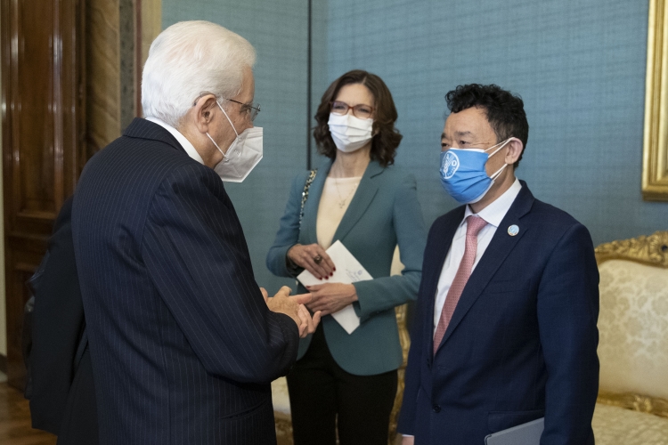 Il Presidente della Repubblica Sergio Mattarella con Maria Stella Gelmini, Ministro per gli Affari regionali e le Autonomie e Qu Dongyu, Direttore generale della FAO,in occasione della Giornata nazionale della Montagna 
