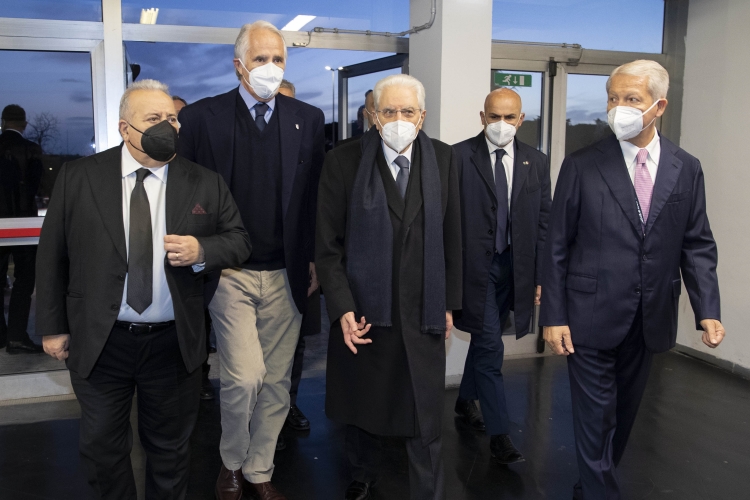 Il Presidente della Repubblica Sergio Mattarella al PalaEur con da Giovanni Malagò, Presidente del Comitato Olimpico Nazionale Italiano,con Giuseppe Manfredi, Presidente della Federazione Italiana Pallavolo e con Mauro Fabris, Presidente della Lega Pallavolo Serie A Femminile, in occasione della finale della Coppa Italia di pallavolo femminile Serie A1
