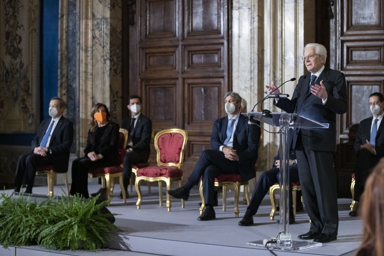 Il Presidente della Repubblica Sergio Mattarella nel corso del suo intervento in occasione della cerimonia di insediamento al palazzo del Quirinale

