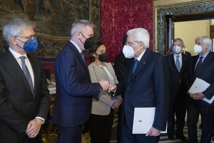 Il Presidente Sergio Mattarella con Lorenzo Guerini, Ministro della Difesa, Daniele Franco, Ministro dell’Economia e delle Finanze ,in occasione del Consiglio Supremo di Difesa
