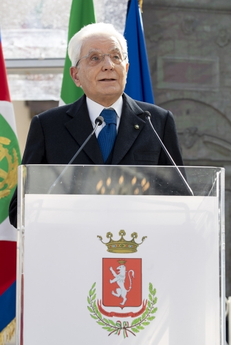 Il Presidente Sergio Mattarella rivolge il suo indirizzo di saluto nel corso della visita a Norcia