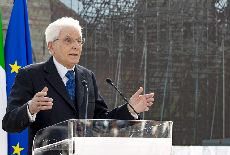 Il Presidente Sergio Mattarella rivolge il suo indirizzo di saluto nel corso della visita a Norcia