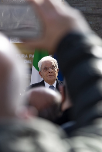 Il Presidente Sergio Mattarella rivolge il suo indirizzo di saluto nel corso della visita a Norcia