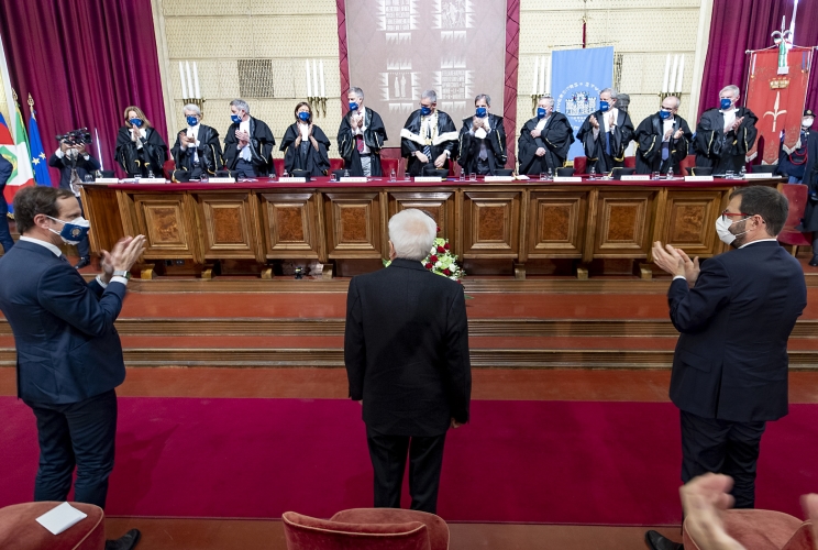 Il Presidente Sergio Mattarella al termine del suo intervento alla cerimonia di inaugurazione dell’anno accademico 2021/2022 dell’Università degli Studi di Trieste