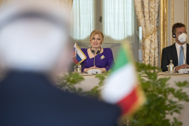 Il Presidente Sergio Mattarella con S.E. la Signora Zuzana Čaputová, Presidente della Repubblica Slovacca durante i colloqui con le rispettive delegazioni 

