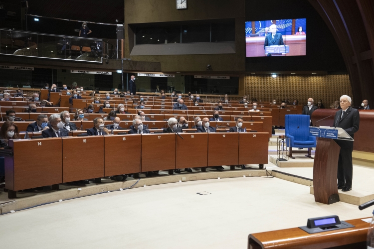Il Presidente della Repubblica Sergio Mattarella durante il suo intervento all'Assemblea Parlamentare del Consiglio d'Europa
