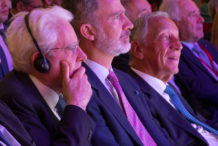 Braga - Il Presidente Sergio Mattarella con il Presidente Portoghese Marcelo Rebelo de Sousa e il Re di Spagna Felipe VI nel corso dell'intervento al COTEC