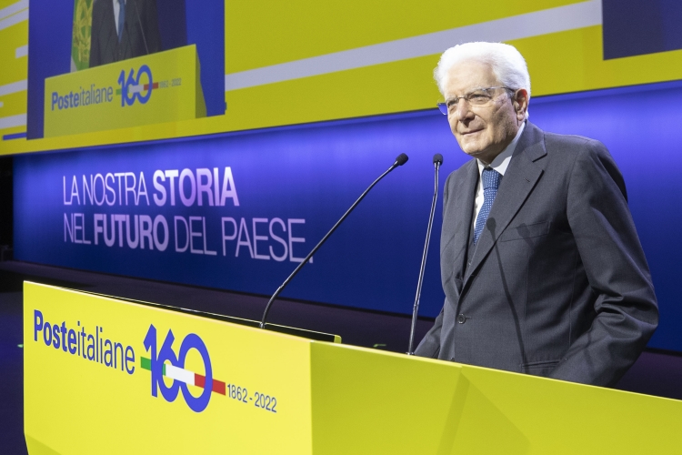 Il Presidente della Repubblica Sergio Mattarella in occasione dell'evento celebrativo del 160° anniversario della fondazione di Poste Italiane
