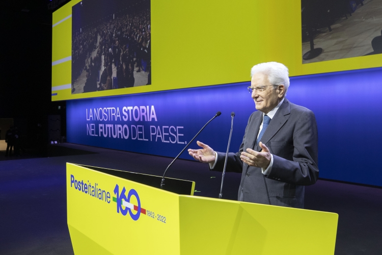 Il Presidente della Repubblica Sergio Mattarella in occasione dell'evento celebrativo del 160° anniversario della fondazione di Poste Italiane
