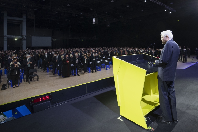 Il Presidente della Repubblica Sergio Mattarella in occasione dell'evento celebrativo del 160° anniversario della fondazione di Poste Italiane
