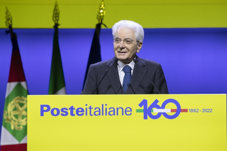 Il Presidente della Repubblica Sergio Mattarella in occasione dell'evento celebrativo del 160° anniversario della fondazione di Poste Italiane
