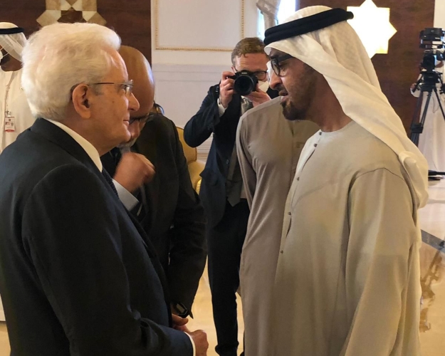 Il Presidente della Repubblica Sergio Mattarella con Mohammed bin Zayed Al Nahyan Presidente degli Emirati Arabi Uniti in occasione della cerimonia di condoglianze per la scomparsa del Presidente degli Emirati Arabi Uniti e Emiro di Abu Dhabi,Sua Altezza Sceicco Khalifa bin Zayed Al Nahyan
