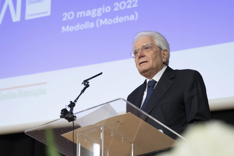 Il Presidente della Repubblica Sergio Mattarella durante il suo intervento alla cerimonia in occasione della ricorrenza del 10° anniversario del sisma in Emilia del maggio 2012
