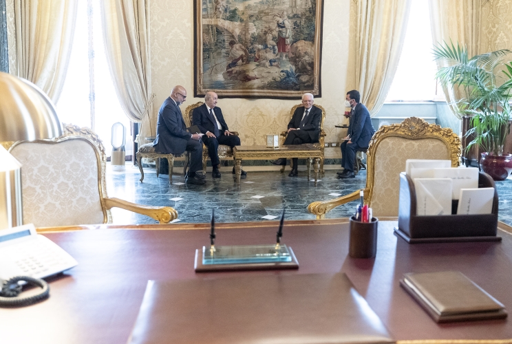 Il Presidente Sergio Mattarella e il Presidente della Repubblica Algerina Democratica e Popolare Abdelmadjid Tebboune nel corso dei colloqui