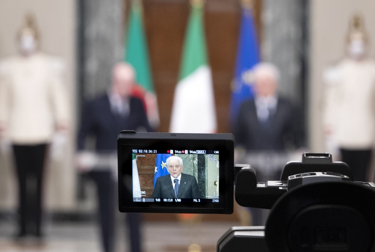 Il Presidente Sergio Mattarella e il Presidente della Repubblica Algerina Democratica e Popolare Abdelmadjid Tebboune nel corso delle dichiarazioni alla stampa