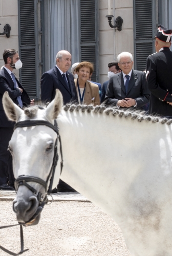 Il Presidente Sergio Mattarella e il Presidente della Repubblica Algerina Democratica e Popolare Abdelmadjid Tebboune dinanzi allo spazio dedicato al cavallo donato al Presidente della Repubblica in occasione della visita di Stato in Algeria