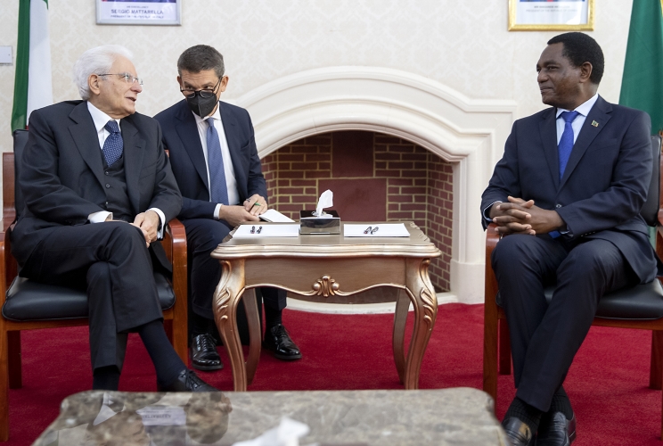 Il Presidente della Repubblica Sergio Mattarella con il Presidente dello Zambia, Hakaind Hichilema, nel corso dei colloqui, in occasione della visita ufficiale