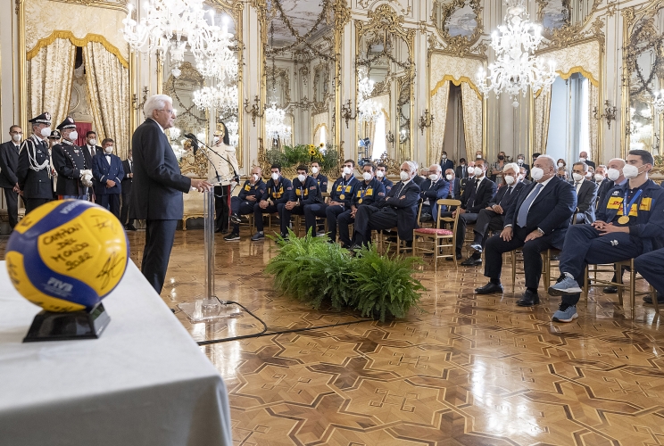 Il Presidente Sergio Mattarella nel corso dell'incontro con la Nazionale italiana di pallavolo maschile di rientro dal campionato mondiale