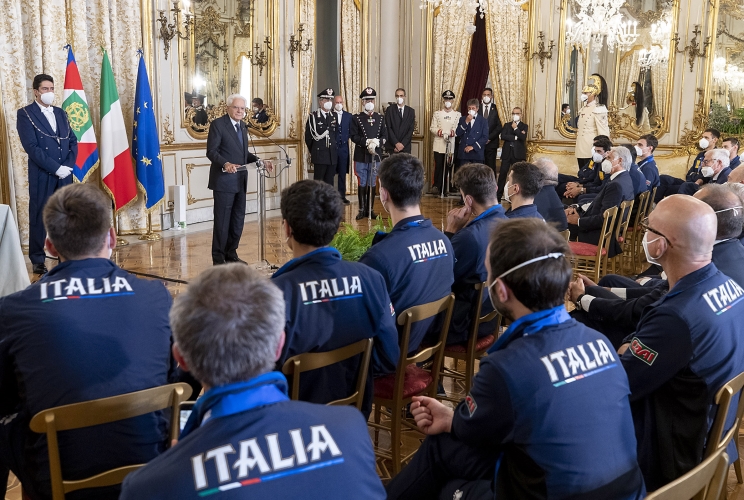 Il Presidente Sergio Mattarella nel corso dell'incontro con la Nazionale italiana di pallavolo maschile di rientro dal campionato mondiale