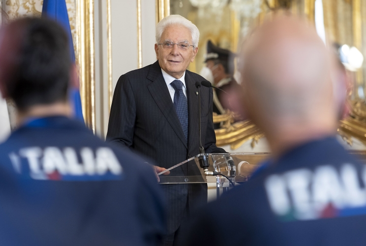 Il Presidente Sergio Mattarella nel corso dell'incontro con la Nazionale italiana di pallavolo maschile di rientro dal campionato mondiale