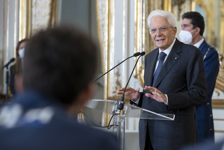 Il Presidente Sergio Mattarella nel corso dell'incontro con la Nazionale italiana di pallavolo maschile di rientro dal campionato mondiale