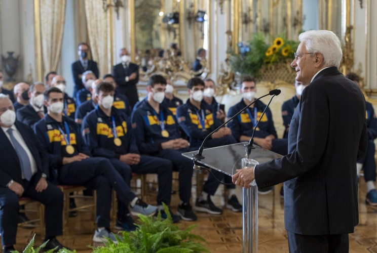 Il Presidente Sergio Mattarella nel corso dell'incontro con la Nazionale italiana di pallavolo maschile di rientro dal campionato mondiale