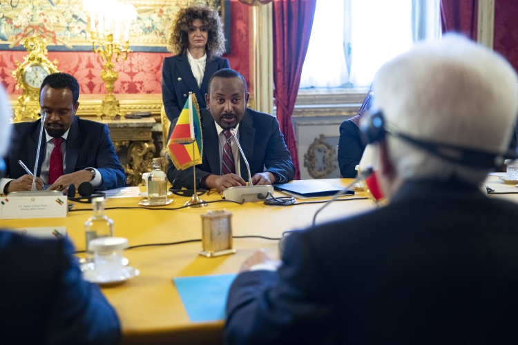 Il Presidente della Repubblica Sergio Mattarella con Abiy Ahmed Ali, Primo Ministro della Repubblica Federale Democratica di Etiopia,durante i colloqui con le rispettive delegazioni 
