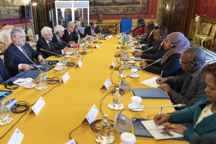 Il Presidente della Repubblica Sergio Mattarella con Abiy Ahmed Ali, Primo Ministro della Repubblica Federale Democratica di Etiopia,durante i colloqui con le rispettive delegazioni 
