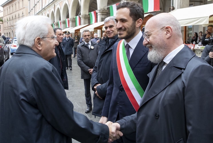 Il Presidente della Repubblica Sergio Mattarella accolto dal Presidente della Regione Emilia Romagna, Stefano Bonaccini e dal sindaco di Cesena, Enzo Lattuca, in occasione della visita agli stand "Anteprima Macfrut"