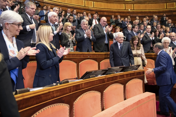 Il Presidente della Repubblica Sergio Mattarella in occasione della cerimonia celebrativa del 75° anniversario della prima seduta dell'Aula del Senato della Repubblica