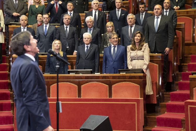 Il Presidente della Repubblica Sergio Mattarella in occasione della cerimonia celebrativa del 75° anniversario della prima seduta dell'Aula del Senato della Repubblica