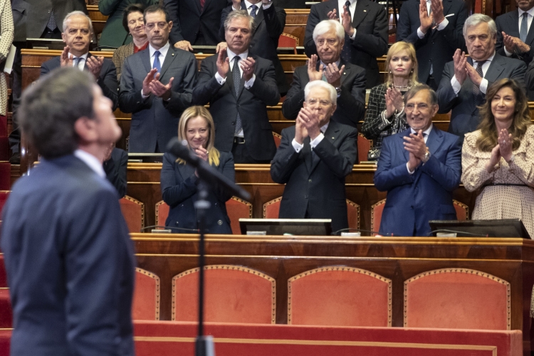 Il Presidente della Repubblica Sergio Mattarella in occasione della cerimonia celebrativa del 75° anniversario della prima seduta dell'Aula del Senato della Repubblica