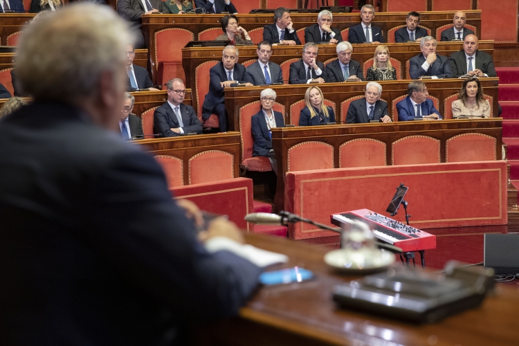 Il Presidente della Repubblica Sergio Mattarella in occasione della cerimonia celebrativa del 75° anniversario della prima seduta dell'Aula del Senato della Repubblica
