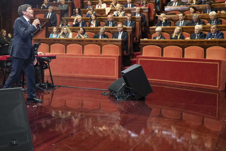 Il Presidente della Repubblica Sergio Mattarella in occasione della cerimonia celebrativa del 75° anniversario della prima seduta dell'Aula del Senato della Repubblica
