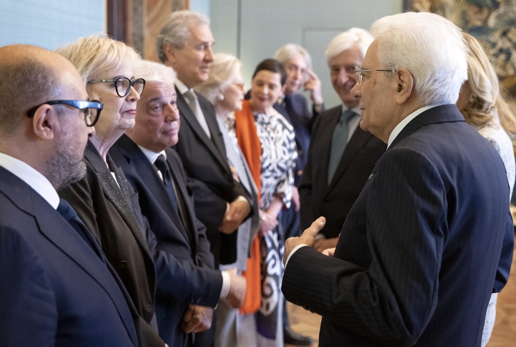 Il Presidente Sergio Mattarella con Gennaro Sangiuliano, Ministro della cultura, Piera Detassis, Presidente e Direttore Artistico dell’Accademia del Cinema Italiano - Premi David di Donatello Francesco Giambrone, Presidente dell’Associazione Generale Italiana dello Spettacolo (AGIS) e Francesco Rutelli, Presidente dell'Associazione Nazionale Industrie Cinematografiche Audiovisive (ANICA), in occasione della cerimonia di presentazione dei candidati ai Premi “David di Donatello” per l’anno 2023