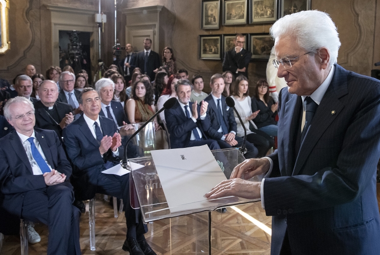 Il Presidente della Repubblica Sergio Mattarella nel corso della cerimonia in occasione del 150° anniversario della morte di Alessandro Manzoni