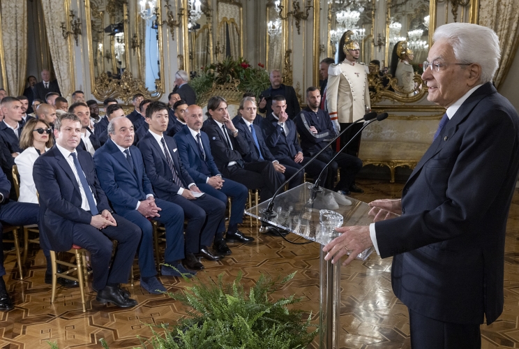 Il Presidente Sergio Mattarella in occasione dell'incontro con le squadre finaliste della Coppa Italia di calcio Freccia Rossa Fiorentina - Inter