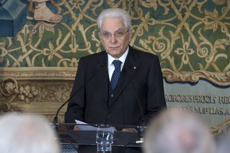 Il Presidente Sergio Mattarella durante il suo indirizzo di saluto per la celebrazione della Festa del Lavoro. 