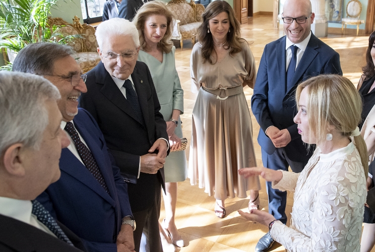 Il Presidente Sergio Mattarella con Ignazio La Russa, Presidente del Senato della Repubblica, Lorenzo Fontana, Presidente della Camera dei deputati, e Giorgia Meloni, Presidente del Consiglio dei Ministri, in occasione del concerto eseguito dall’Orchestra Sinfonica Nazionale della Rai, diretta da Speranza Scappucci, in onore del Corpo Diplomatico accreditato presso lo Stato Italiano